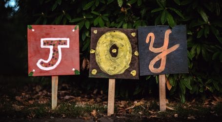three assorted-color joy signage