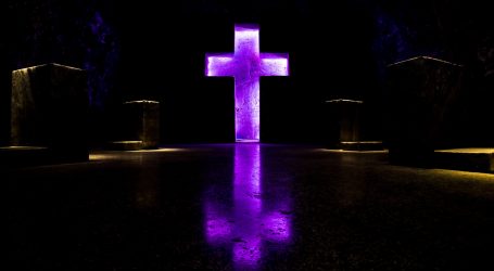 purple and pink cross with lights