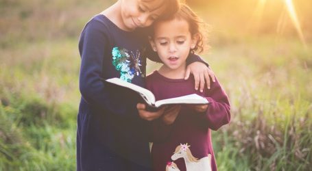girl's left hand wrap around toddler while reading book during golden hour