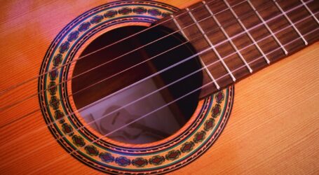 closeup photography of brown acoustic guitar